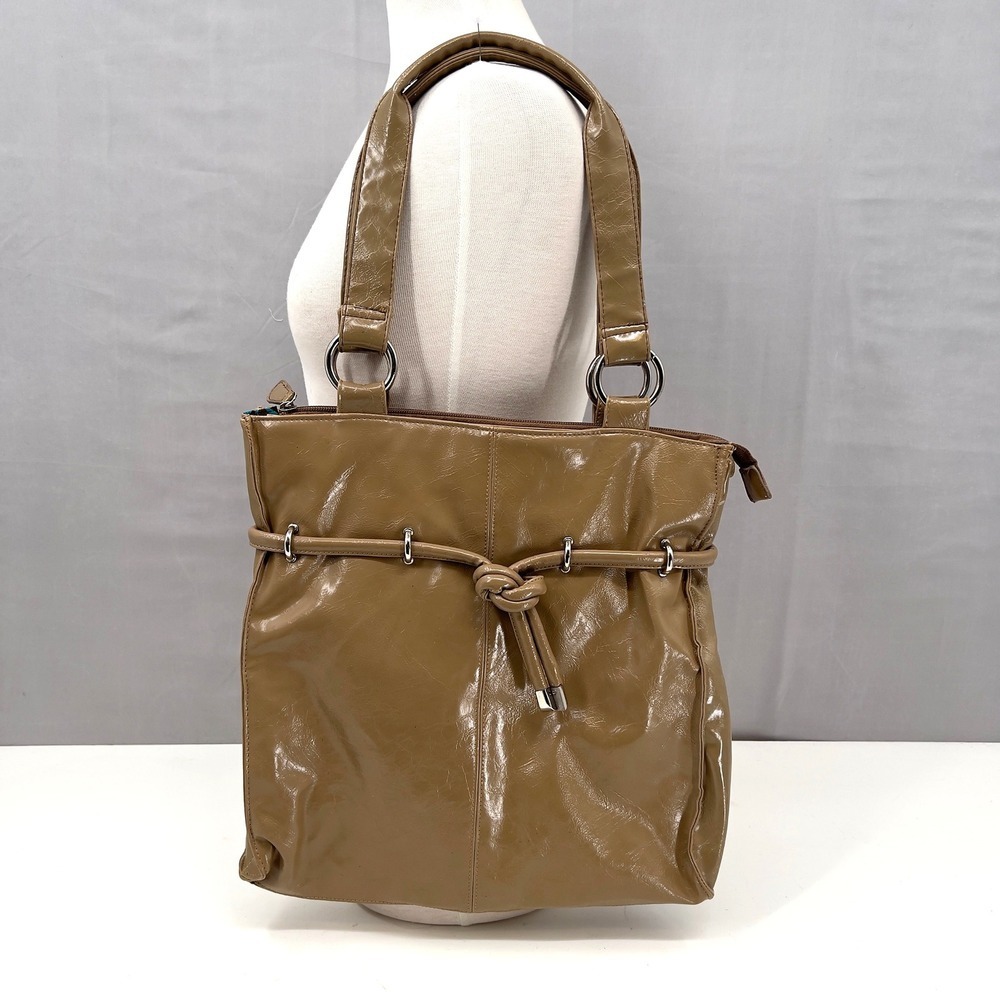 Vintage David Jones Tan Faux Patent Leather Shoulder Bag Tie Colorful Lining